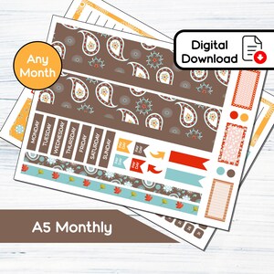 A5 Monthly - Kit de adesivos mensais para impressão Paisley Fox para A5Planners Erin Condren - Kit de download instantâneo 106