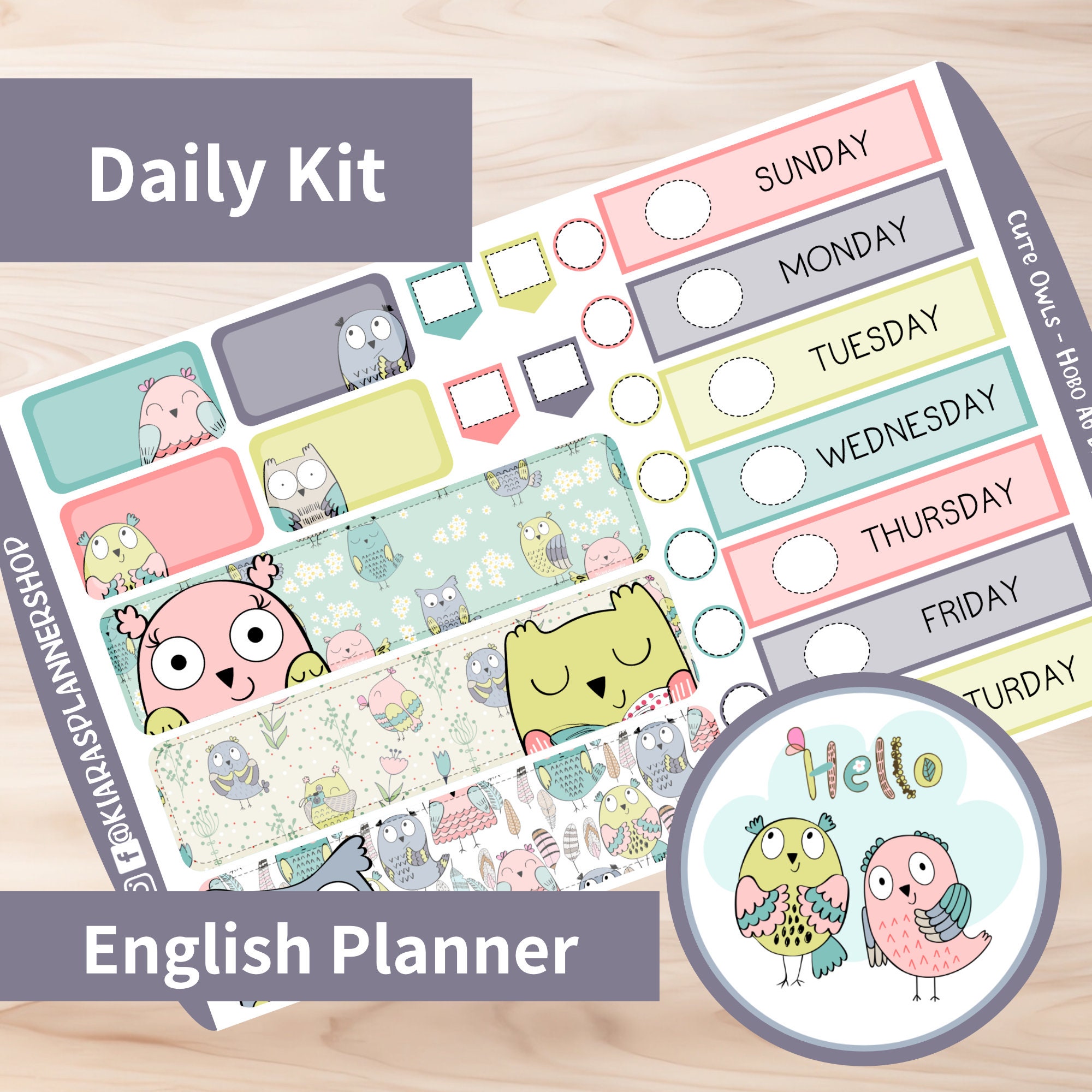 Cute Owls - Hobonichi Original A6 (English Planner Version) Printable Daily / Weekly Sticker Kit (CO