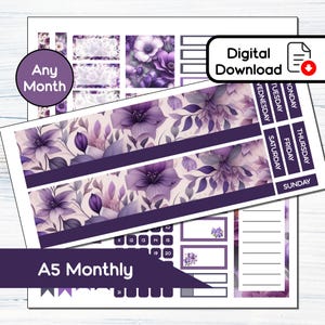 A5 Monthly - Kit de adesivos mensais para impressão de violetas de fevereiro para A5Planners Erin Condren - Kit de download instantâneo BF2