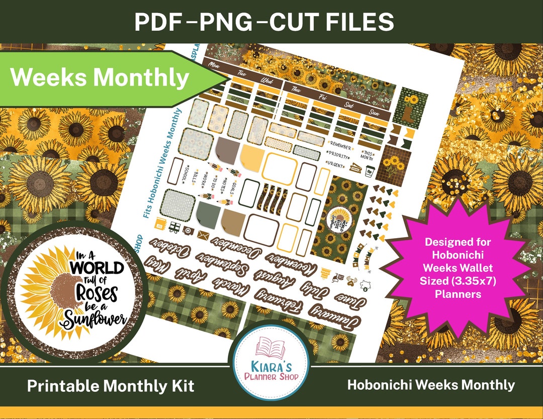Sunflowers Hobonichi Weeks Printable Monthly Sticker Kit SUNHWM 3.35x7 ...