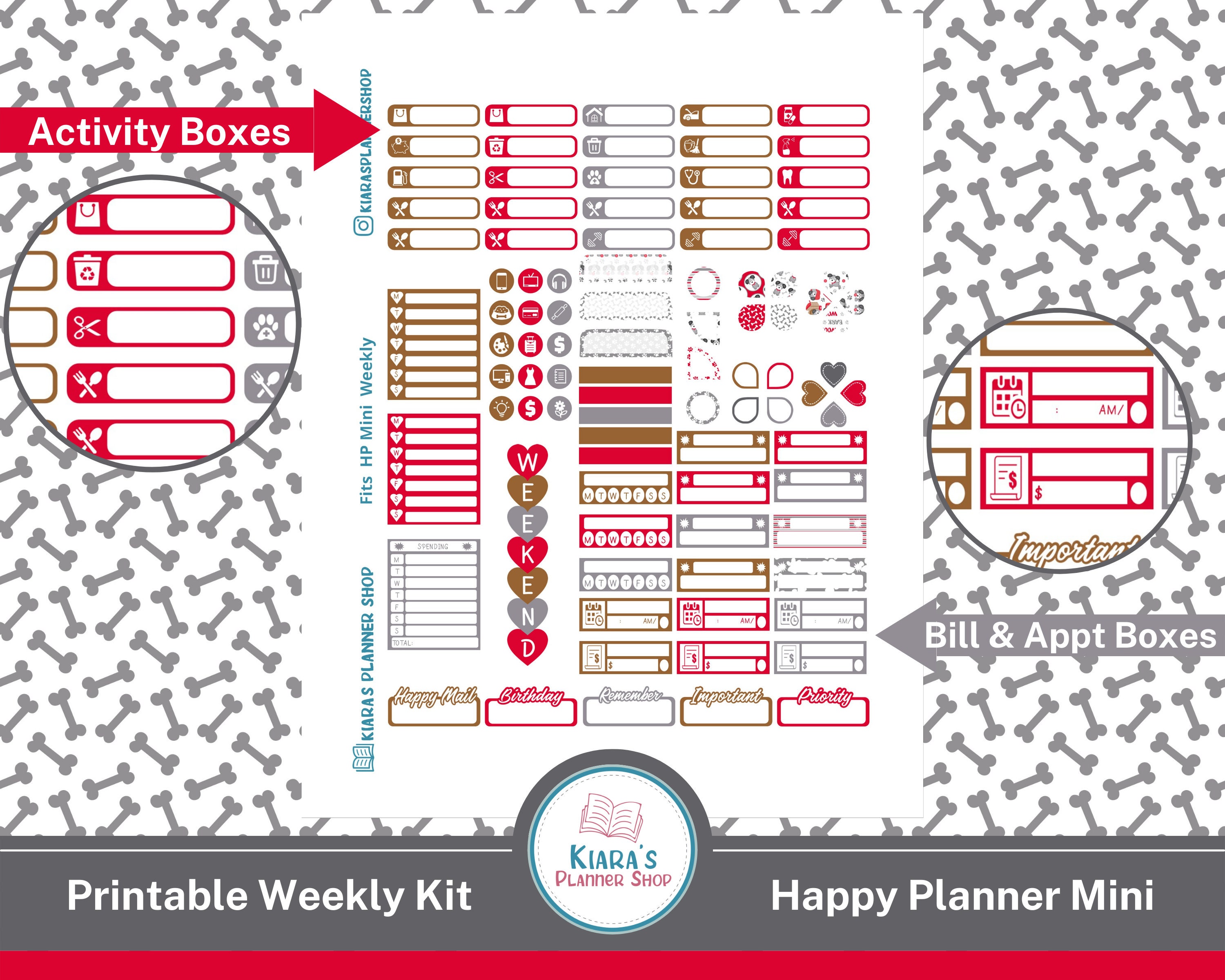 Cute Dogs Printable Weekly Sticker Kit for Happy Planner Mini CDHPMW 4 ...