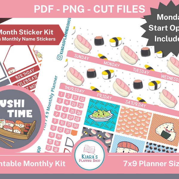 Kawaii Sushi Time (Any Month) - Printable Monthly Sticker Kit for 7x9 Planners (KST79M) Erin Condren (2021-2022 Sizing) (2022)