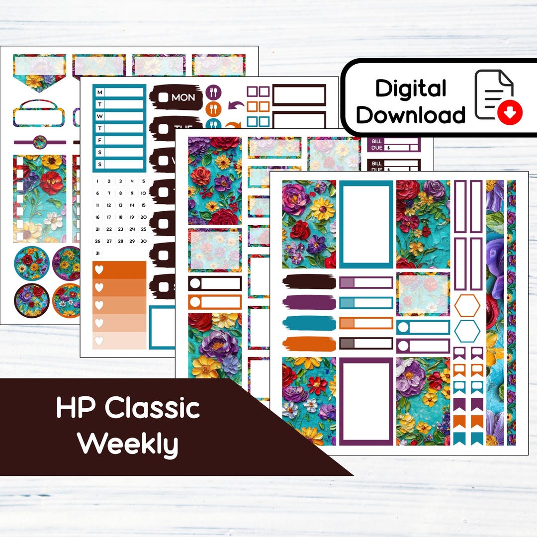 HP Classic Weekly - Painted Floral Printable Weekly Sticker Kit for ...