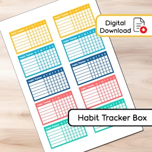 Op de afbeelding: Een vel met kleurrijke habit tracker-vakken in geel, blauw, rood en turquoise. Elke box heeft een raster voor het bijhouden van dagelijkse gewoonten, met de dagen van de week erop. De woorden "Habit Tracker" en "MTWTFSS" staan op elke box. De woorden "Digital Download" zijn ook zichtbaar.