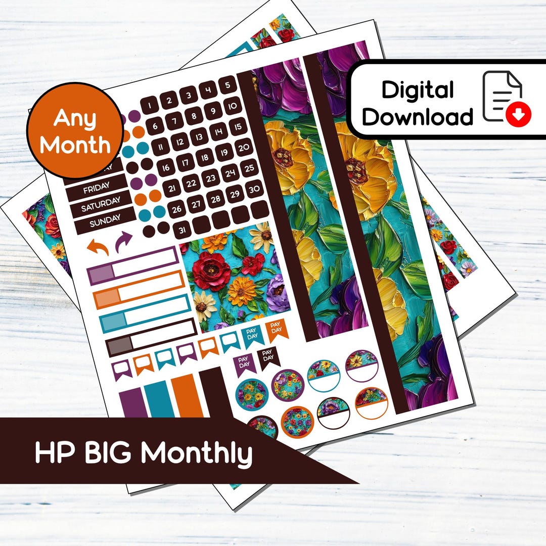 HP BIG Monthly - Painted Floral Printable Monthly Sticker Kit for Happy ...