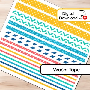 Diversión bajo el sol - Tiras de cinta washi - 16 pegatinas - Varios anchos - Descarga instantánea - BUJO