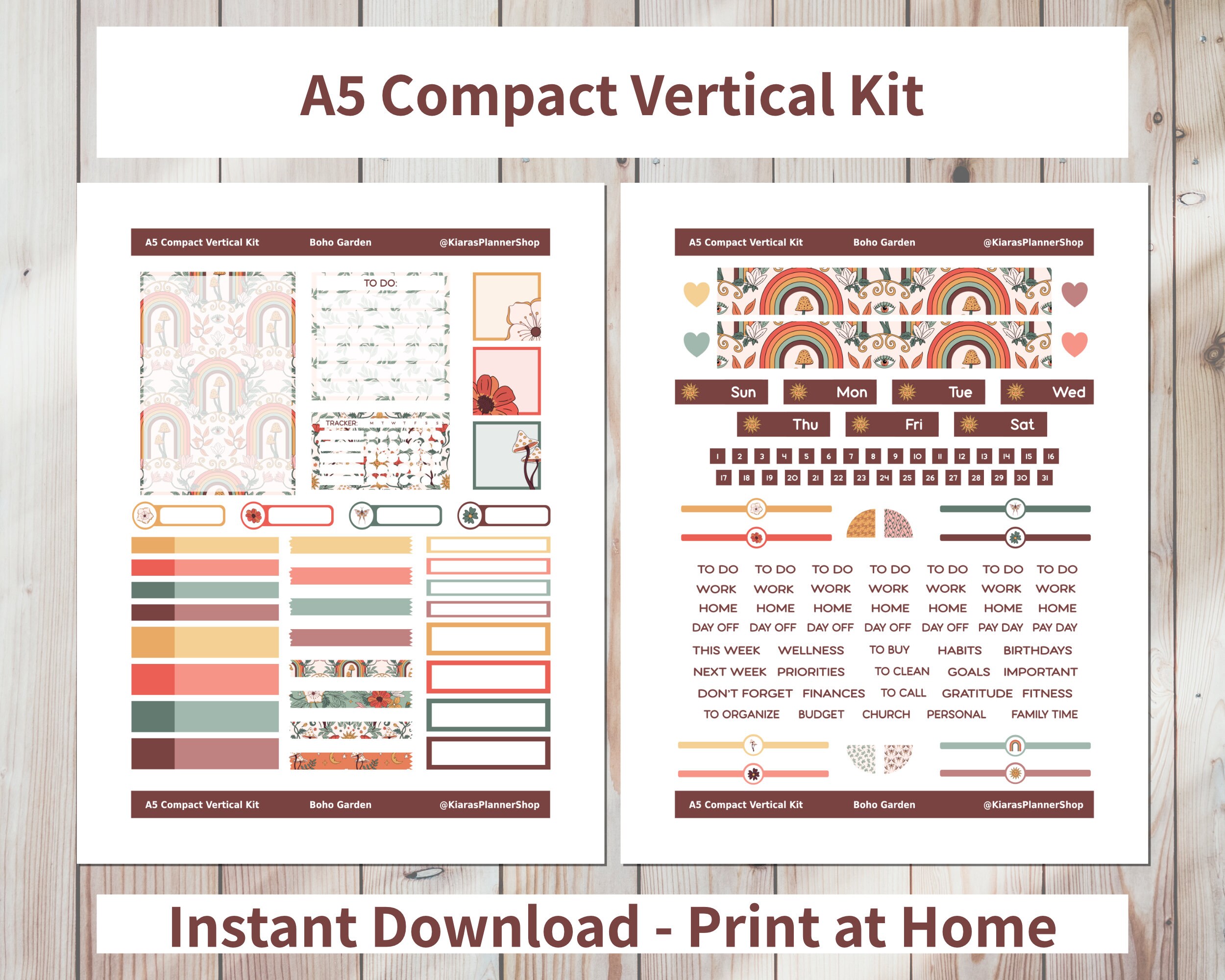 Boho Garden - Printable Weekly Compact Vertical Sticker Kit for A5 ...