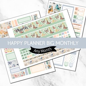 Könnte beinhalten: Eine Sammlung von Planer-Aufklebern und -Einsätzen mit Schmetterlingsmotiven. Die Aufkleber zeigen Schmetterlinge, florale Muster und Pastellfarben. Der Text "March" und "Any Month" ist sichtbar. Für den Happy Planner Big Monthly.