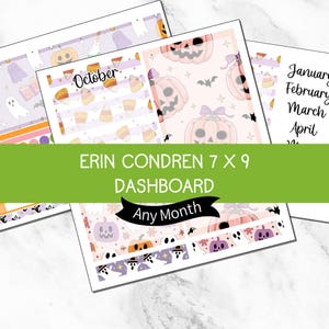 以下が含まれることがあります： Erin Condren 17.78 x 22.86 cmのダッシュボードプランナーインサートセット。ハロウィーンをテーマにしたパターンで、幽霊、ジャック・オー・ランタン、キャンディコーン、コウモリのイラストがパステルカラーの紫、オレンジ、ピンクで描かれています。テキストにはOctoberが含まれています。