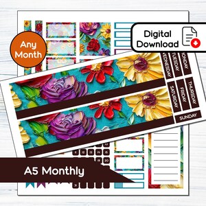A5 Monthly - Kit de adesivos mensais para impressão floral pintada para A5Planners Erin Condren - Kit de download instantâneo SP1
