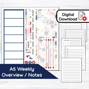 May include: A5 weekly planner pages with floral and striped designs in red, white, and blue. Includes a weekly overview, notes section, habit tracker, and checklist. The words "Digital Download" are visible.