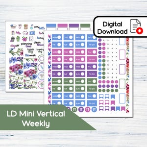May include: A planner sticker sheet set with floral and geometric designs. The set includes weekly layouts, to-do lists, and decorative elements. The text "Digital Download" and "LD Mini Vertical Weekly" are visible.