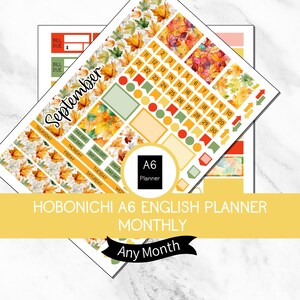 May include: A sheet of planner stickers featuring autumn leaf patterns, the word September, numbered date labels from 1 to 30, and various rectangular and circular icons in orange, yellow, and green. The text A6 Planner and Any Month is visible.
