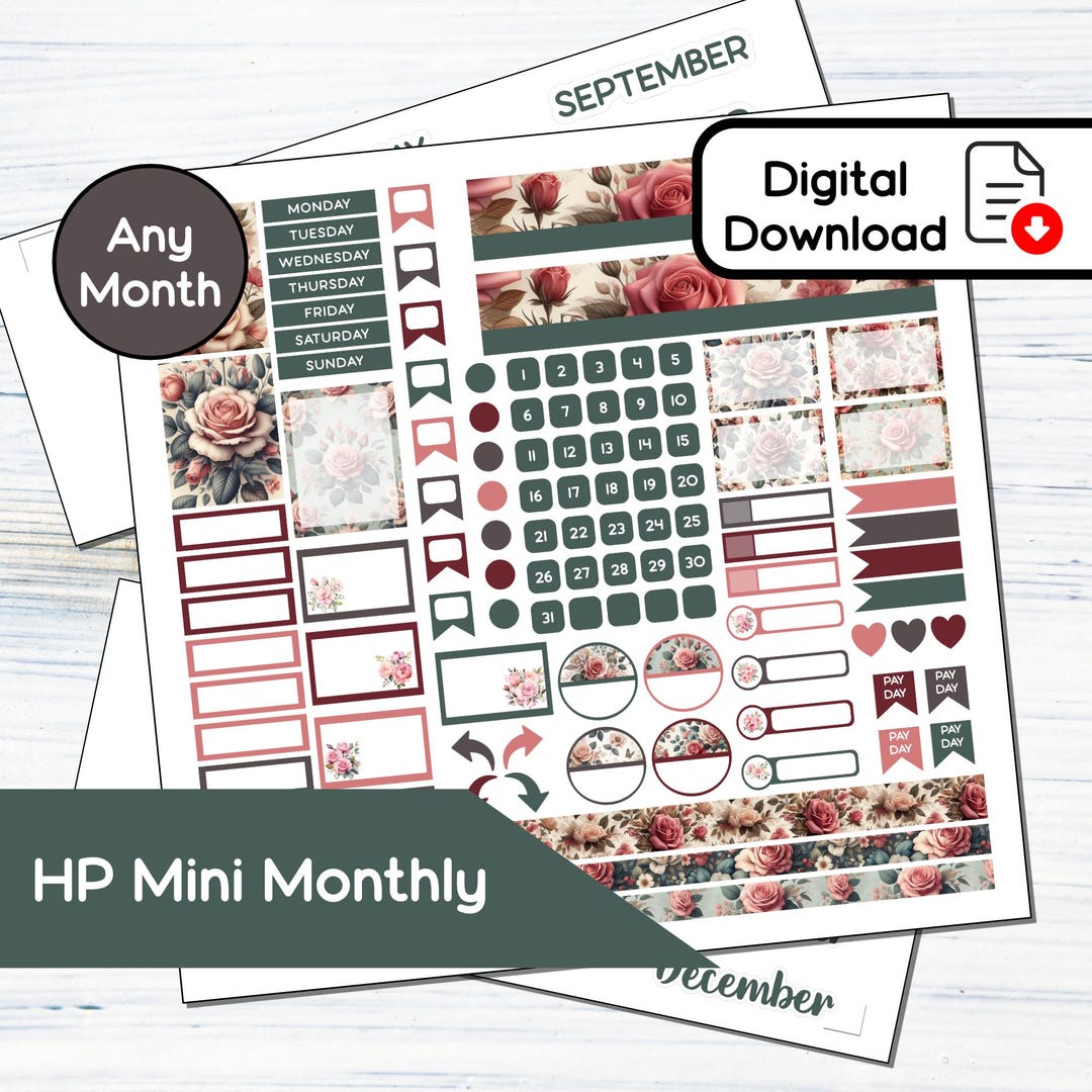 HP Mini Monthly - June Roses Printable Monthly Sticker Kit for Happy ...