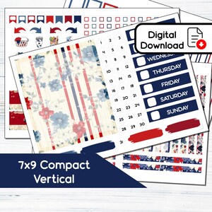 7x9 Compact Vertical - Patriotic Shabby Chic Printable Compact Vertical Sticker Kit for 7x9 Planners Erin Condren - Instant Download Kit SP8