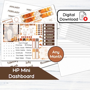 Könnte beinhalten: Ein digitales Planer-Kit mit Herbstthema. Das Kit enthält Aufkleber, Dashboards und Gewohnheitstracker. Das Farbschema umfasst Orange, Braun und Weiß. Der Text enthält "HP Mini Dashboard", "Digital Download" und "Any Month".