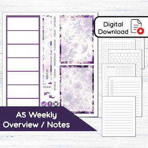 Puede incluir: Un planificador semanal A5 imprimible con un diseño floral en tonos morados y blancos. El planificador incluye una vista general semanal, una sección de notas, un rastreador de hábitos y papel rayado.