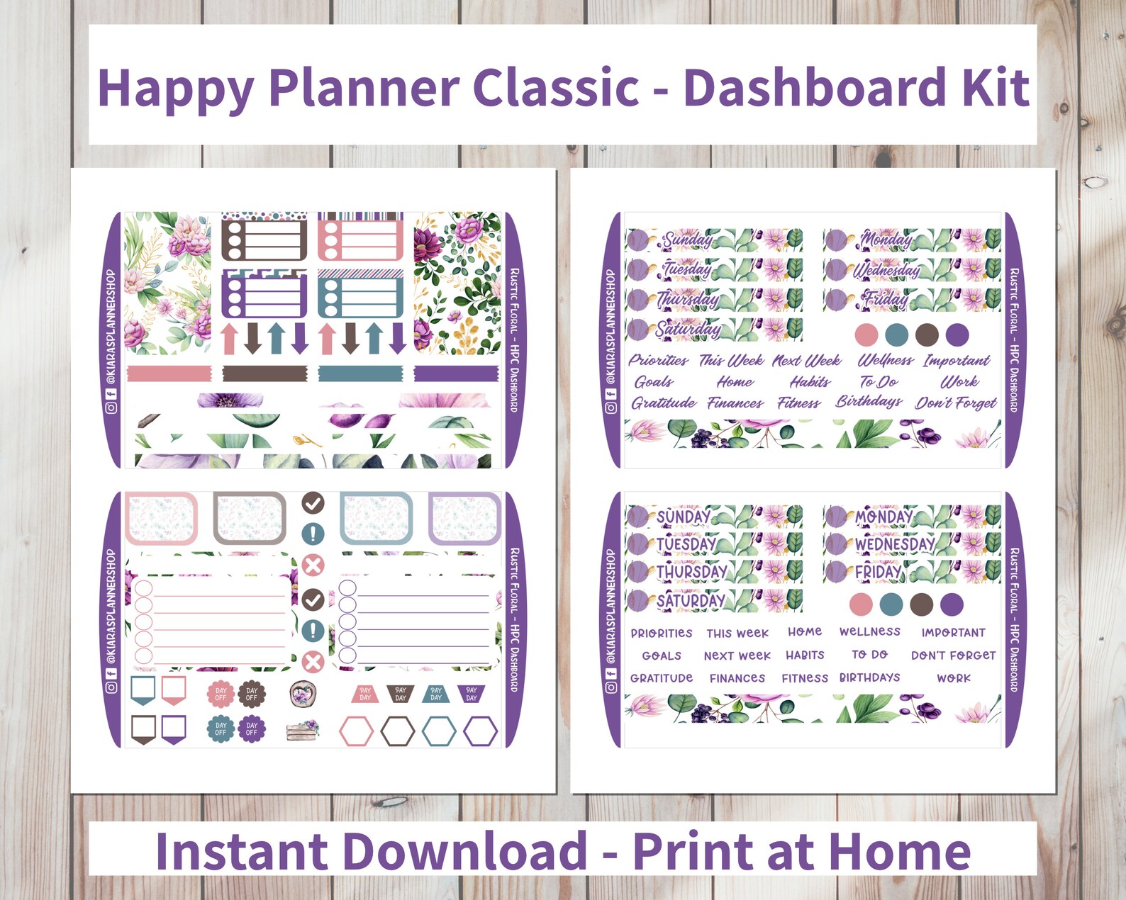 Rustic Floral - Printable Weekly Dashboard Sticker Kit for Happy ...