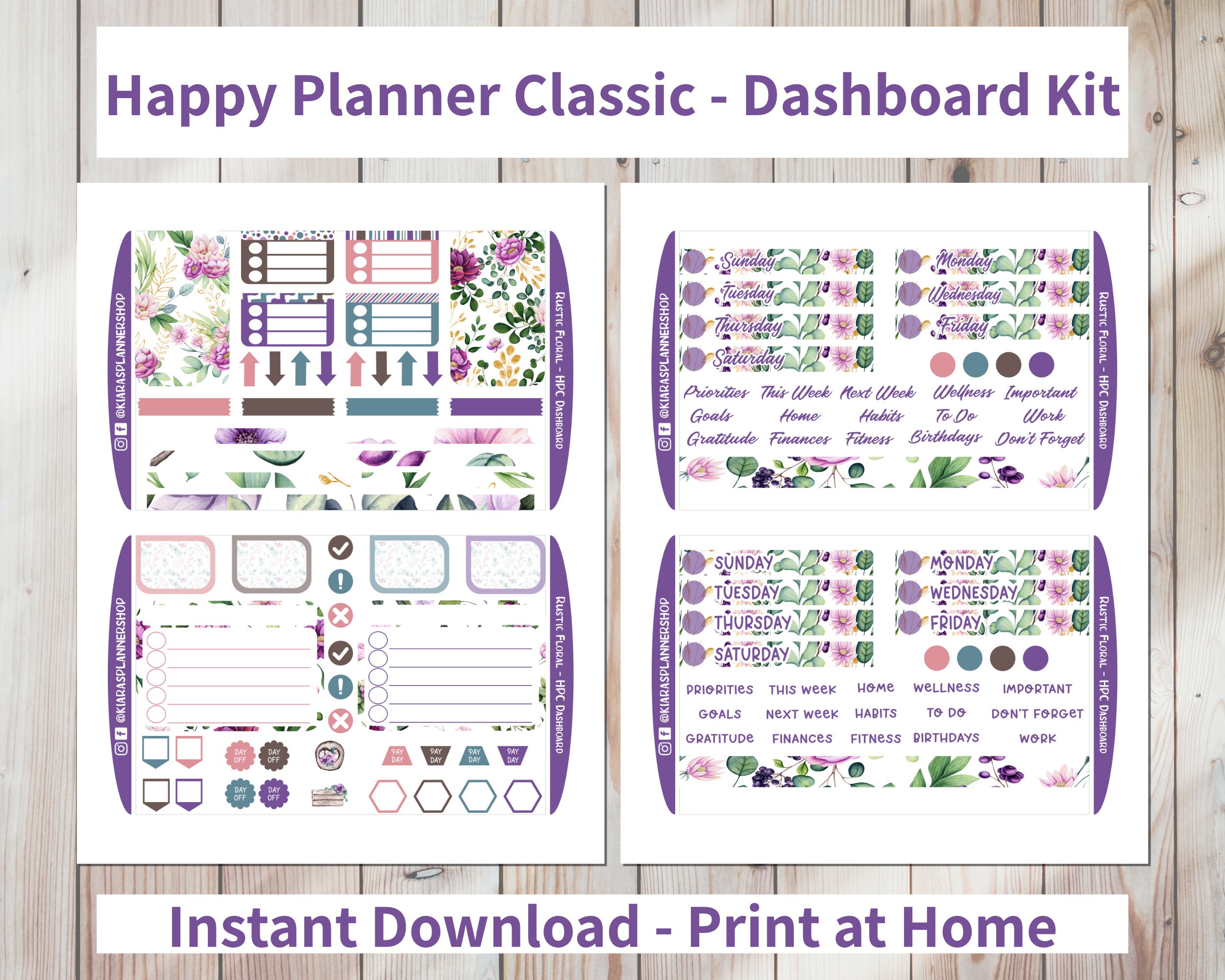 Rustic Floral Printable Weekly Dashboard Sticker Kit for Happy Planner ...