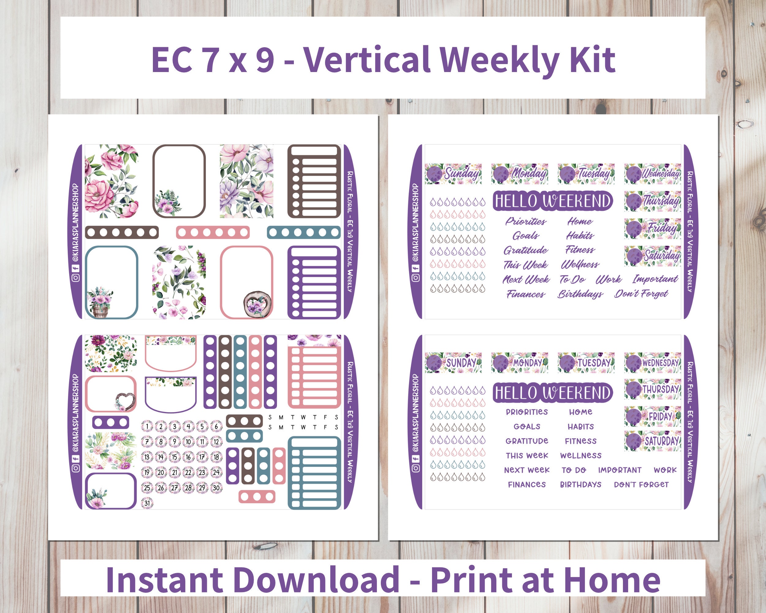 Rustic Floral - Printable Vertical Weekly Sticker Kit for 7x9 Planners ...