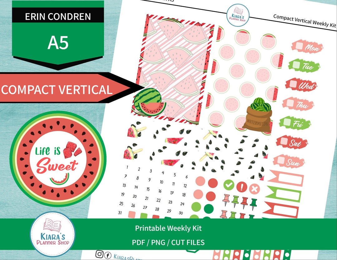Watermelons Printable Compact Vertical Weekly Sticker Kit for A5 ...