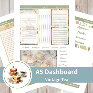 Chá Vintage - Kit de adesivos de painel mensal para impressão para planejadores A5 (VTA5DASH) (5,8 x 8,3) Erin Condren ECLP