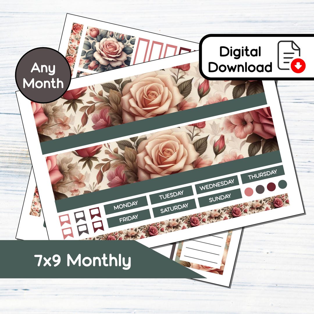 7x9 Monthly - June Roses Printable Monthly Sticker Kit for 7x9 Planners ...