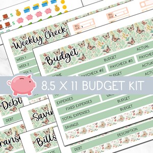 May include: A budget kit with various financial planning sheets. The sheets include sections for weekly checks, budgets, debt, savings, and bills. The design features a floral and butterfly pattern with the text "8.5 X 11 BUDGET KIT".