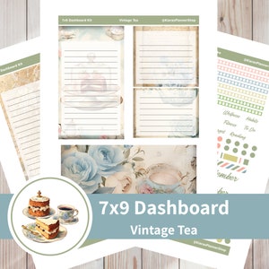 Chá vintage - kit de adesivos de painel mensal para impressão para planejadores 7 x 9 (VT79DASH) Erin Condren Life Planner ECLP