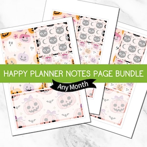 May include: A set of printable planner pages featuring Halloween-themed patterns with pastel pink pumpkins, grey cats, crescent moons, ghosts, and bats. The sheets include the text HAPPY PLANNER NOTES PAGE BUNDLE and Any Month in a decorative layout.