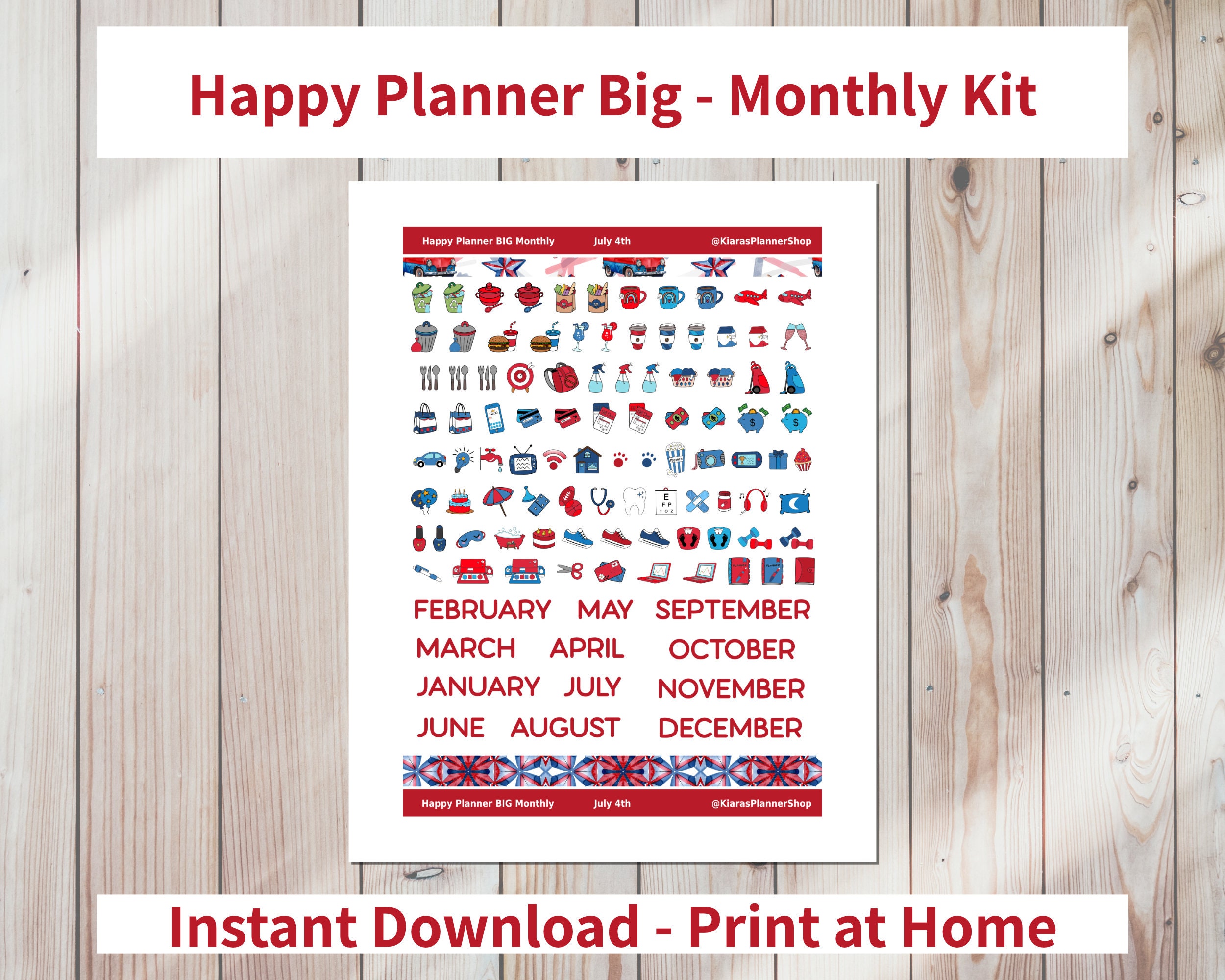 July 4th - Printable Monthly Sticker Kit for Happy Planner BIG (J4HPBM ...