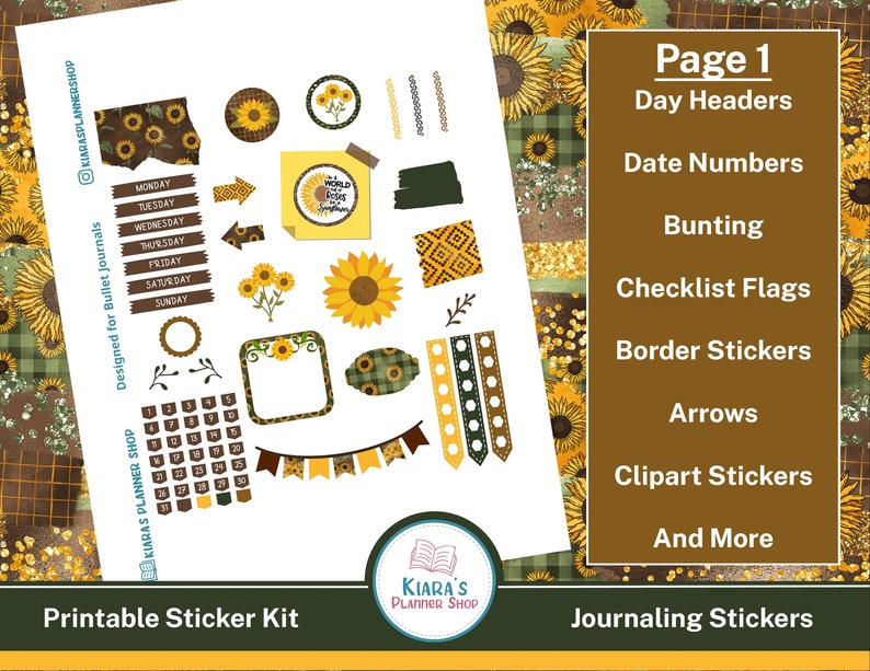 Sunflowers Printable Journaling Sticker Kit for Bullet - Etsy