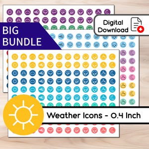 Météo Icon Dots - BIG BUNDLE - Ensemble d'autocollants icônes imprimables - 1080 unités - Plusieurs combinaisons de couleurs - BUJO