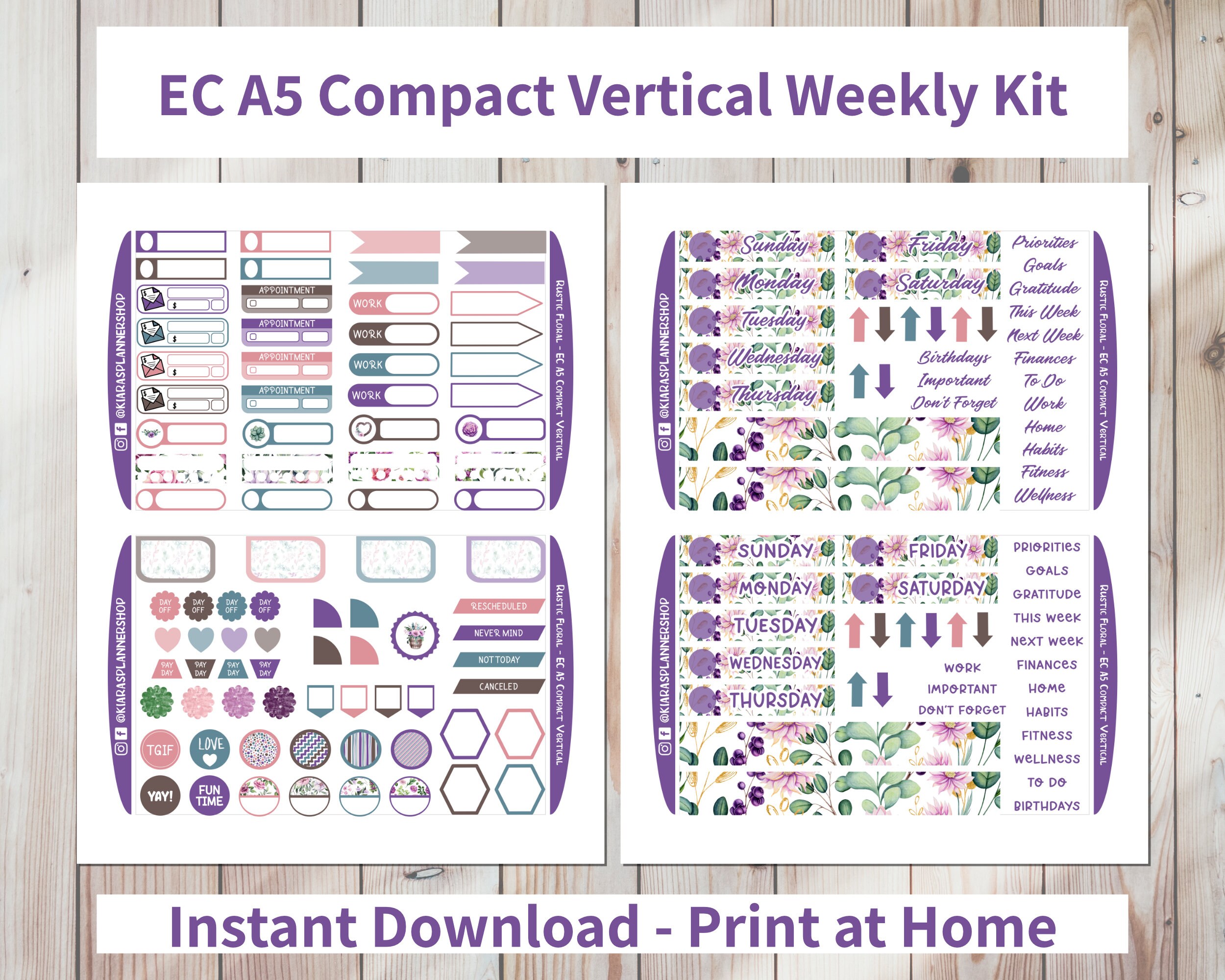 Rustic Floral - Printable Weekly Compact Vertical Sticker Kit for A5 ...