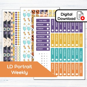 May include: A set of printable Halloween themed weekly planner stickers. The stickers feature ghosts, pumpkins, candy corn, bats, and spiders. The stickers are in various colors, including purple, yellow, orange, teal, and black. The stickers are designed for use in a vertical weekly planner.