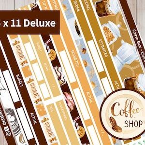 May include: A deluxe budget kit with a coffee shop theme. The kit includes decorative stickers and labels with coffee, cookie, and money bag illustrations. The kit is 21.6 x 27.9 cm and features text such as "Budget", "Actual", and "Income".