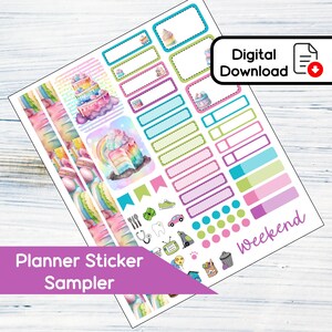 May include: A sheet of planner stickers with a watercolor design. The stickers feature cakes, rainbows, and macarons in pastel colors. Includes labels, banners, and icons with the text "Digital Download" and "Weekend".