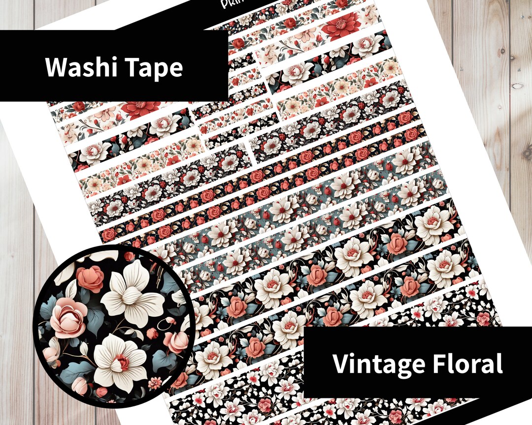 Vintage Valentine Floral Printable Washi Tape Planner Stickers 25 Count ...