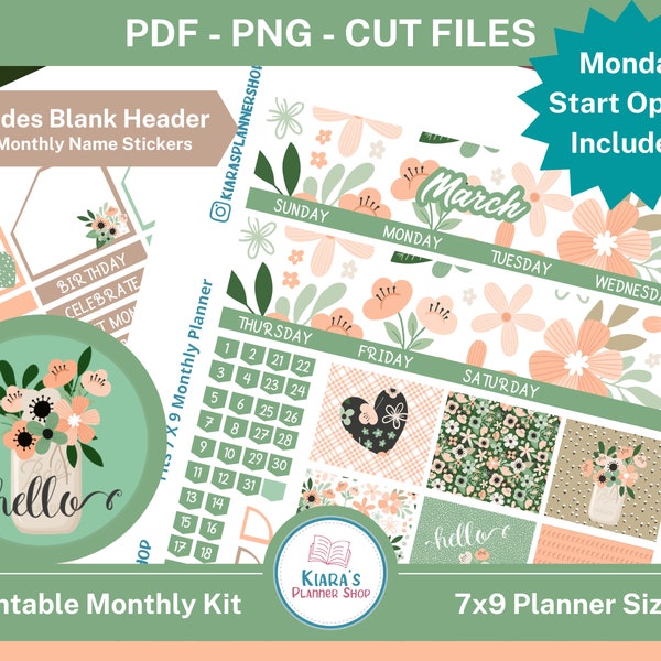 Spring Floral (March) - Printable Monthly Sticker Kit for 7x9 Planners (SF79M) Erin Condren (2022)