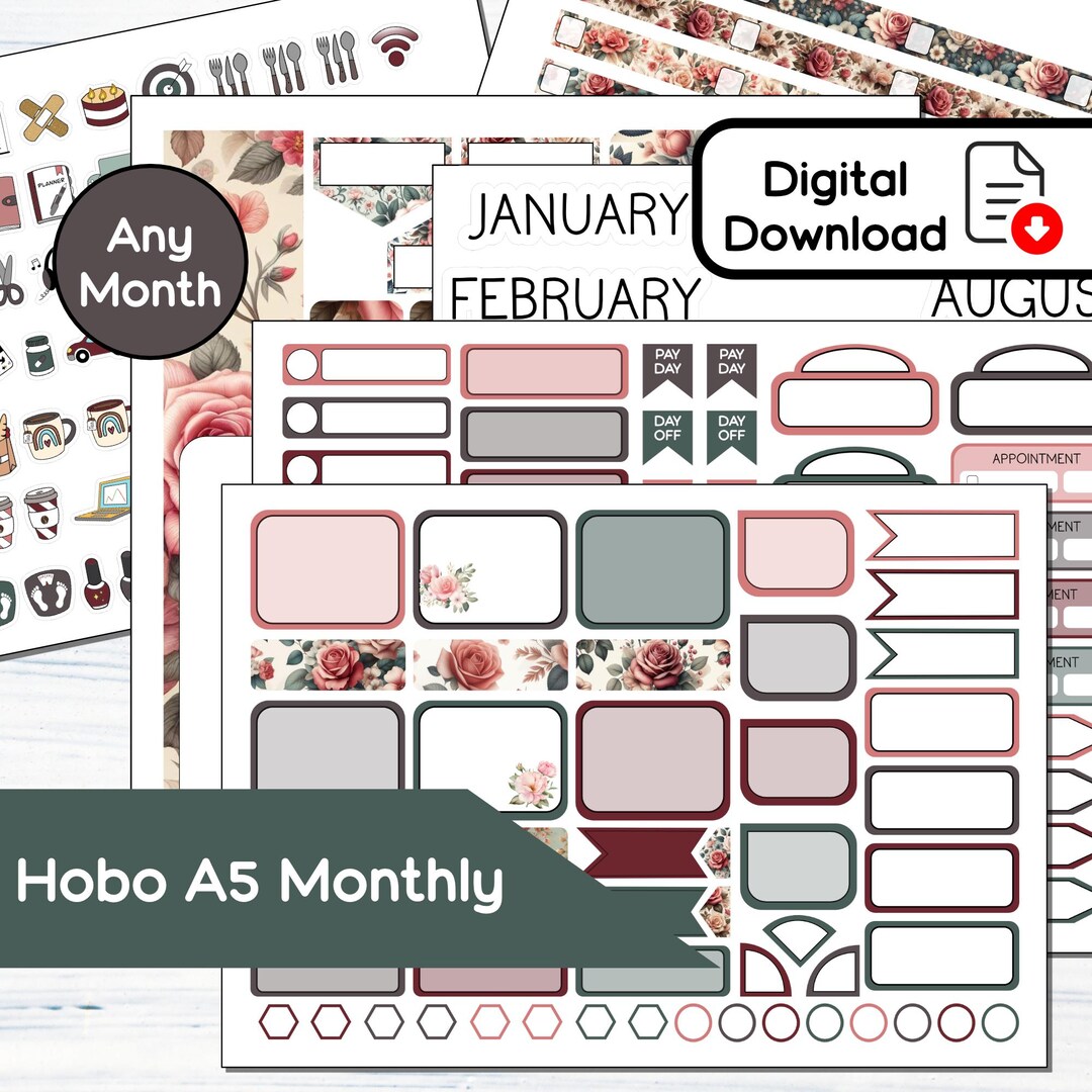 Hobonichi Cousin A5 Monthly - June Rose Printable Monthly Sticker Kit ...
