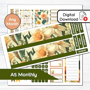 A5 Monthly - Kit de adesivos mensais para impressão de março Daffodil para A5Planners Erin Condren - Kit de download instantâneo BF3