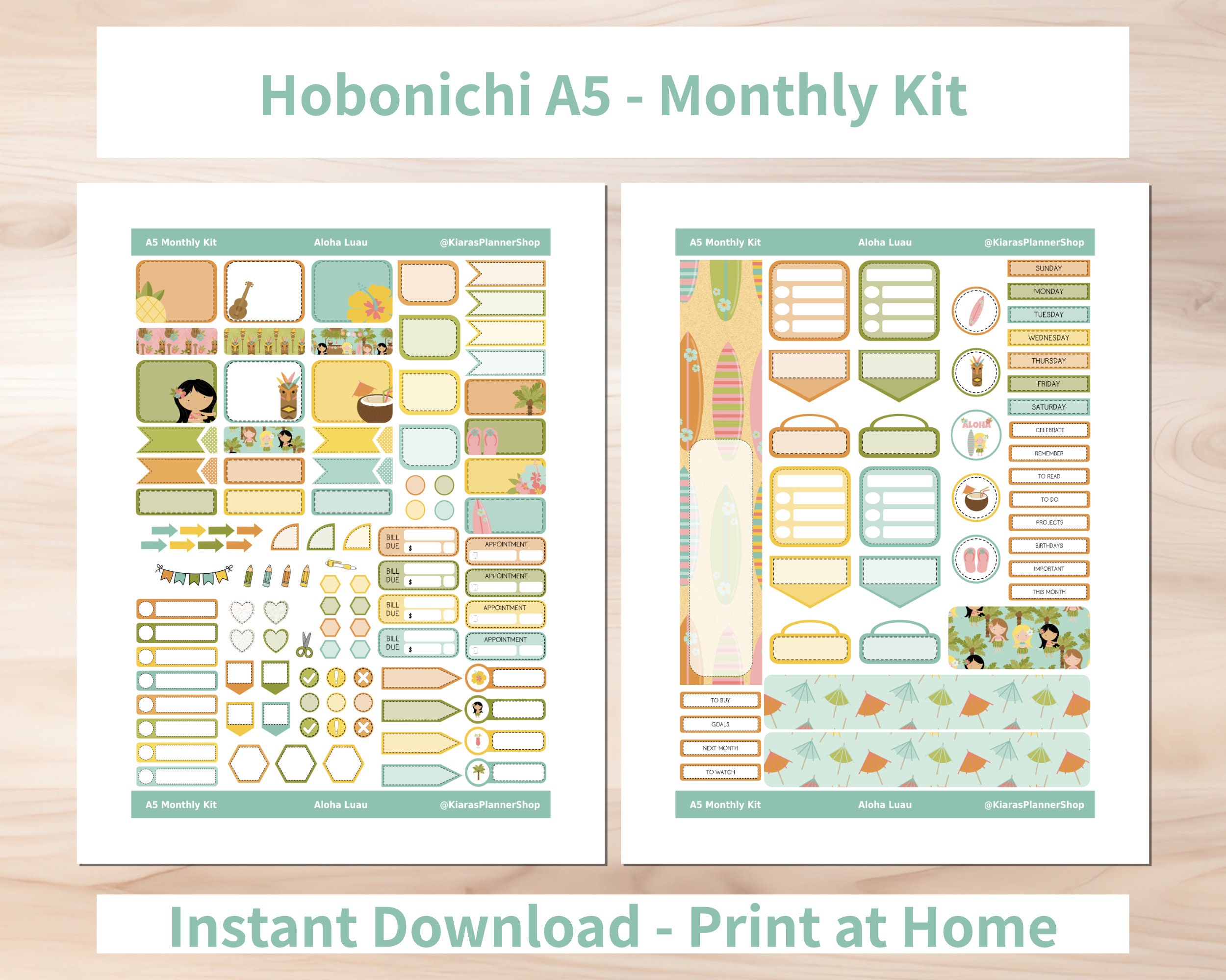 Aloha Luau - Hobonichi Cousin A5 Printable Monthly Sticker Kit (ALA5HM ...