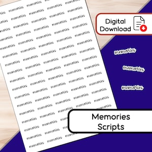 Op de afbeelding: Afdrukbare digitale downloadsheet met het woord "herinneringen" herhaald in een cursief lettertype. De sheet is ontworpen voor gebruik als planner stickers of scrapbook versieringen. De tekst "Herinneringen Scripts" is ook op de sheet opgenomen.