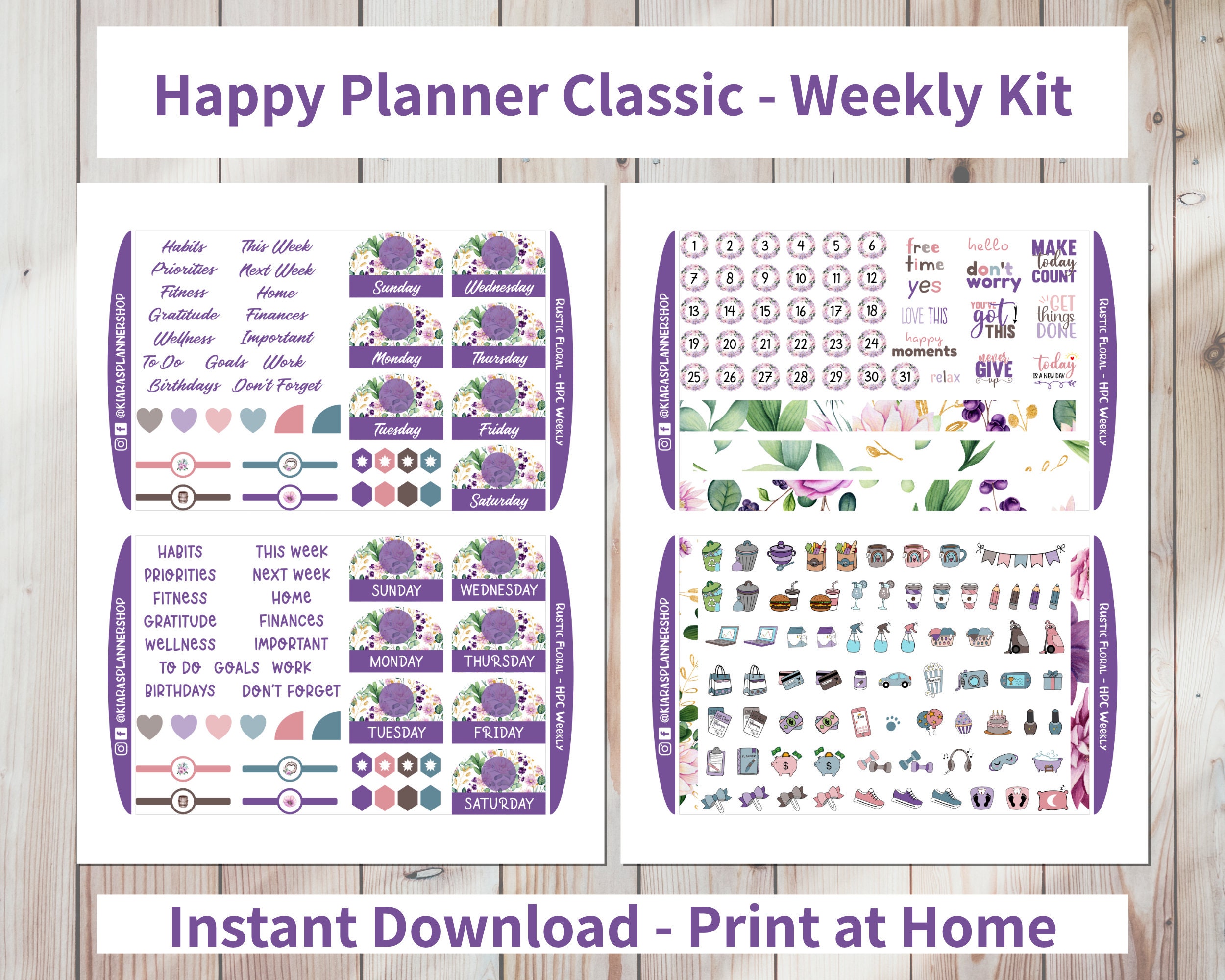 Rustic Floral - Printable Weekly Sticker Kit for Happy Planner Classic ...