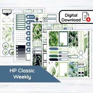 Puede incluir: Un conjunto de pegatinas imprimibles para planificador con un diseño floral de lirio de los valles en tonos verdes y blancos. El conjunto incluye un planificador semanal, un calendario y varias casillas y etiquetas. El texto "HP Classic Weekly" está incluido en la imagen.