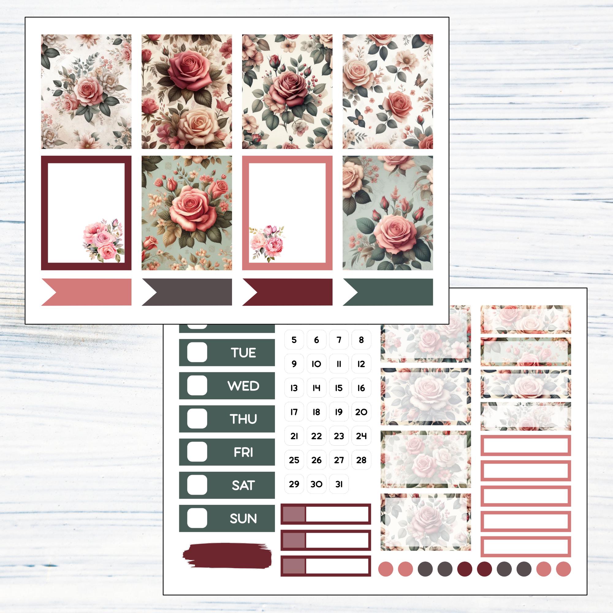 7x9 Vertical Weekly - June Roses Printable Weekly Sticker Kit for 7x9 ...