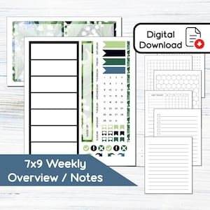 Puede incluir: Planificador semanal imprimible de 7x9 con un diseño floral. El planificador incluye una vista general semanal, una sección de notas, un rastreador de hábitos y papel rayado. El planificador está en blanco y negro con acentos verdes.