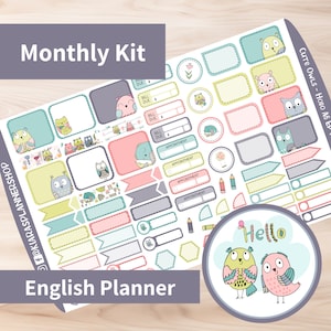 Corujas fofas - Hobonichi Original A6 (versão do planejador em inglês) Kit de adesivos mensais para impressão (COA6EHM) (5,9x4,1)