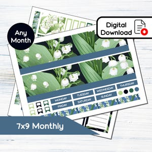 Kit de adesivos mensais para impressão de 7x9 - Lírio do Vale de maio para planejadores 7x9 Erin Condren - Kit de download instantâneo BF5