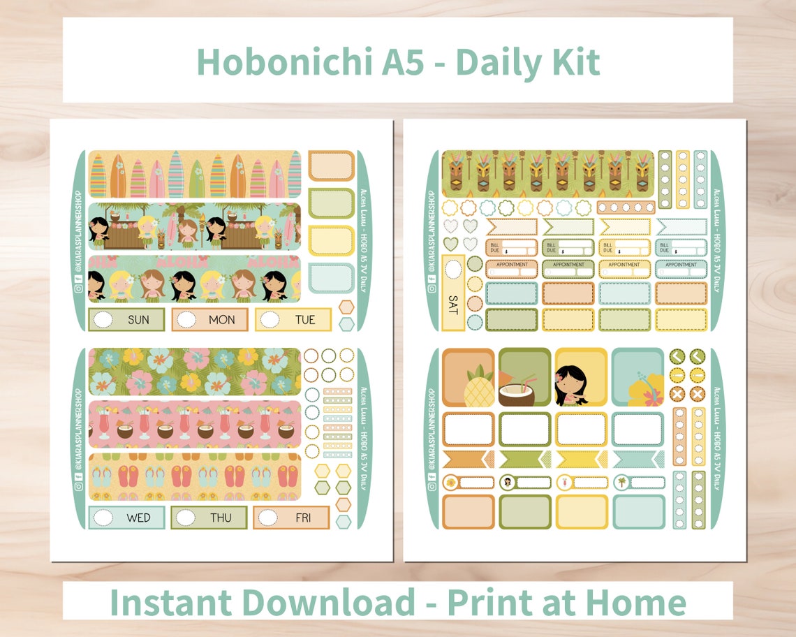 Aloha Luau - Hobonichi Cousin A5 Printable Daily Sticker Kit (ALA5HW ...
